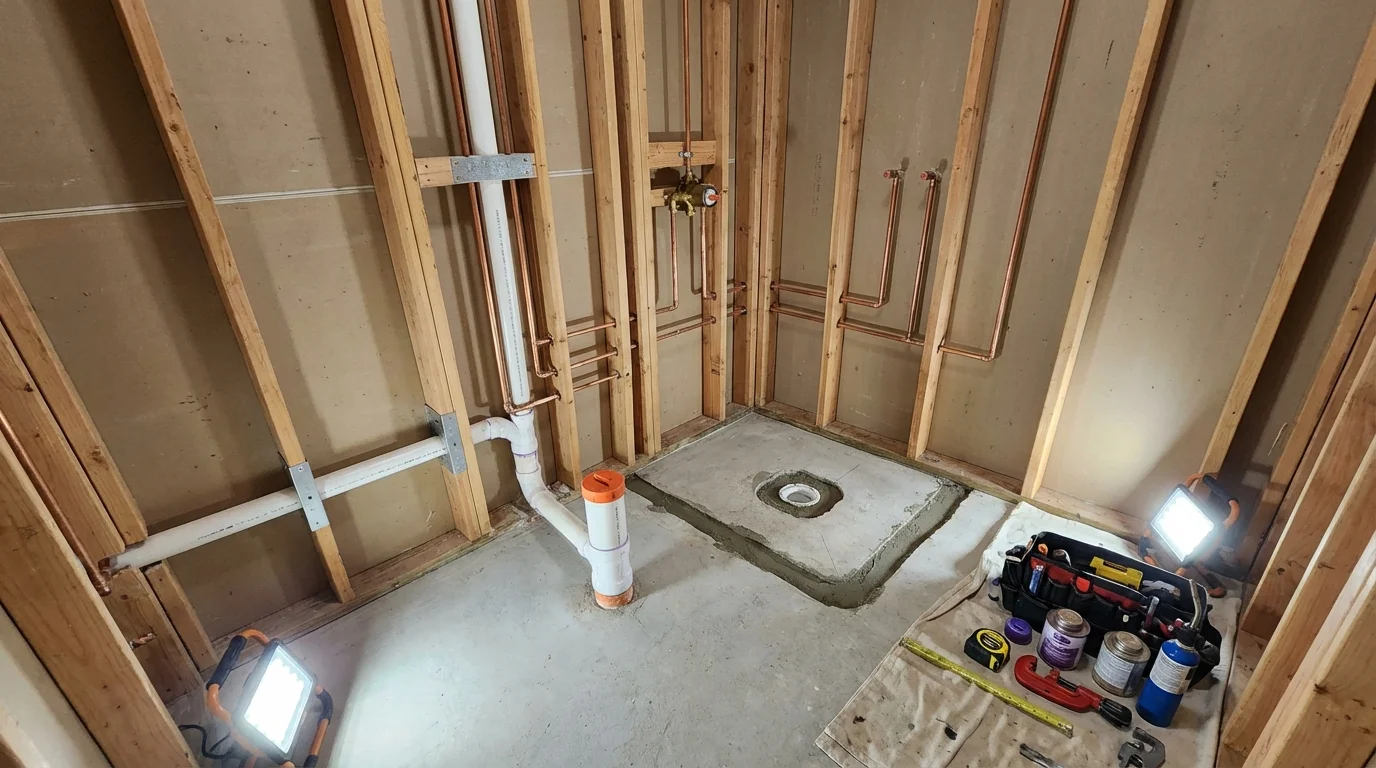 Bathroom rough-in plumbing during remodel by Johns Plumbing LLC in Krum