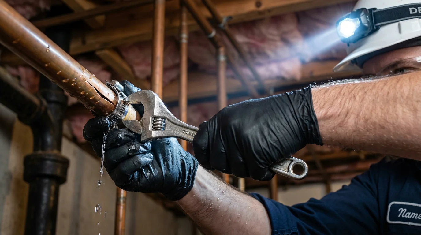 Emergency pipe clamp repair being performed by a Johns Plumbing LLC plumber in Krum