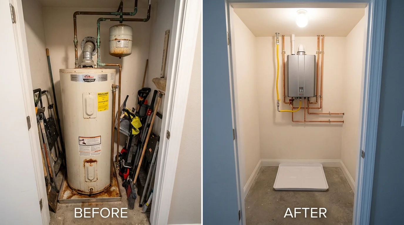 Tank water heater versus wall-mounted tankless unit comparison for Krum, TX homeowners