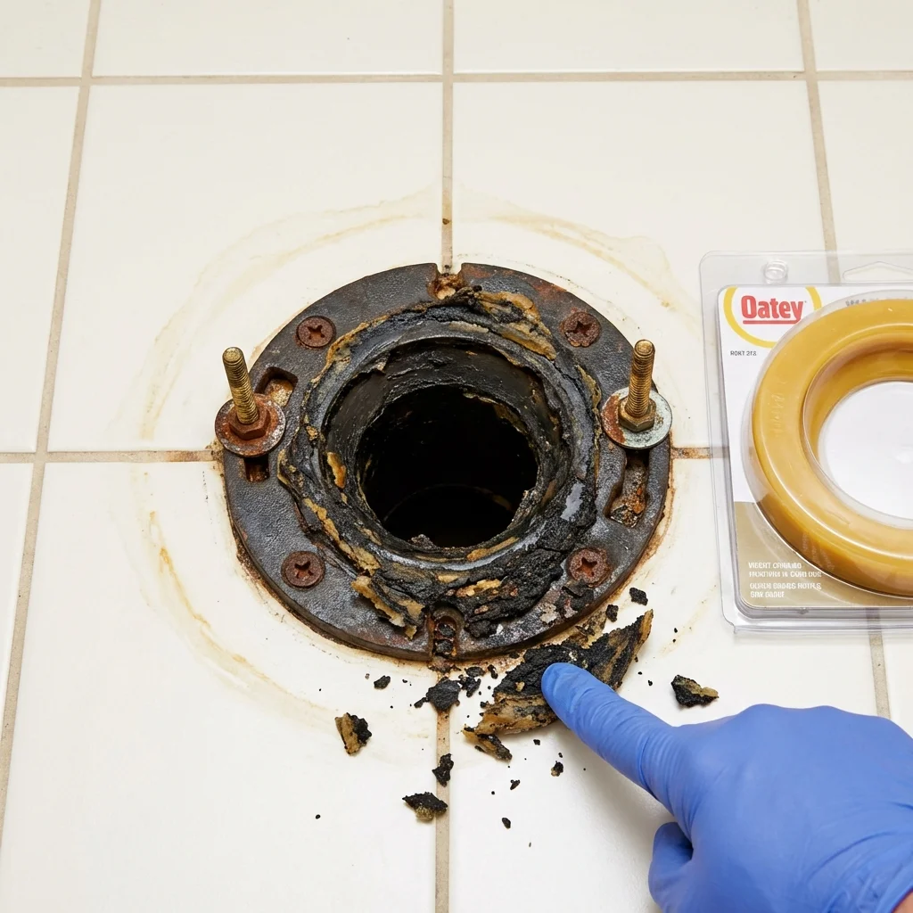 Failed wax ring showing water seepage at the base of a toilet in a Krum, TX home