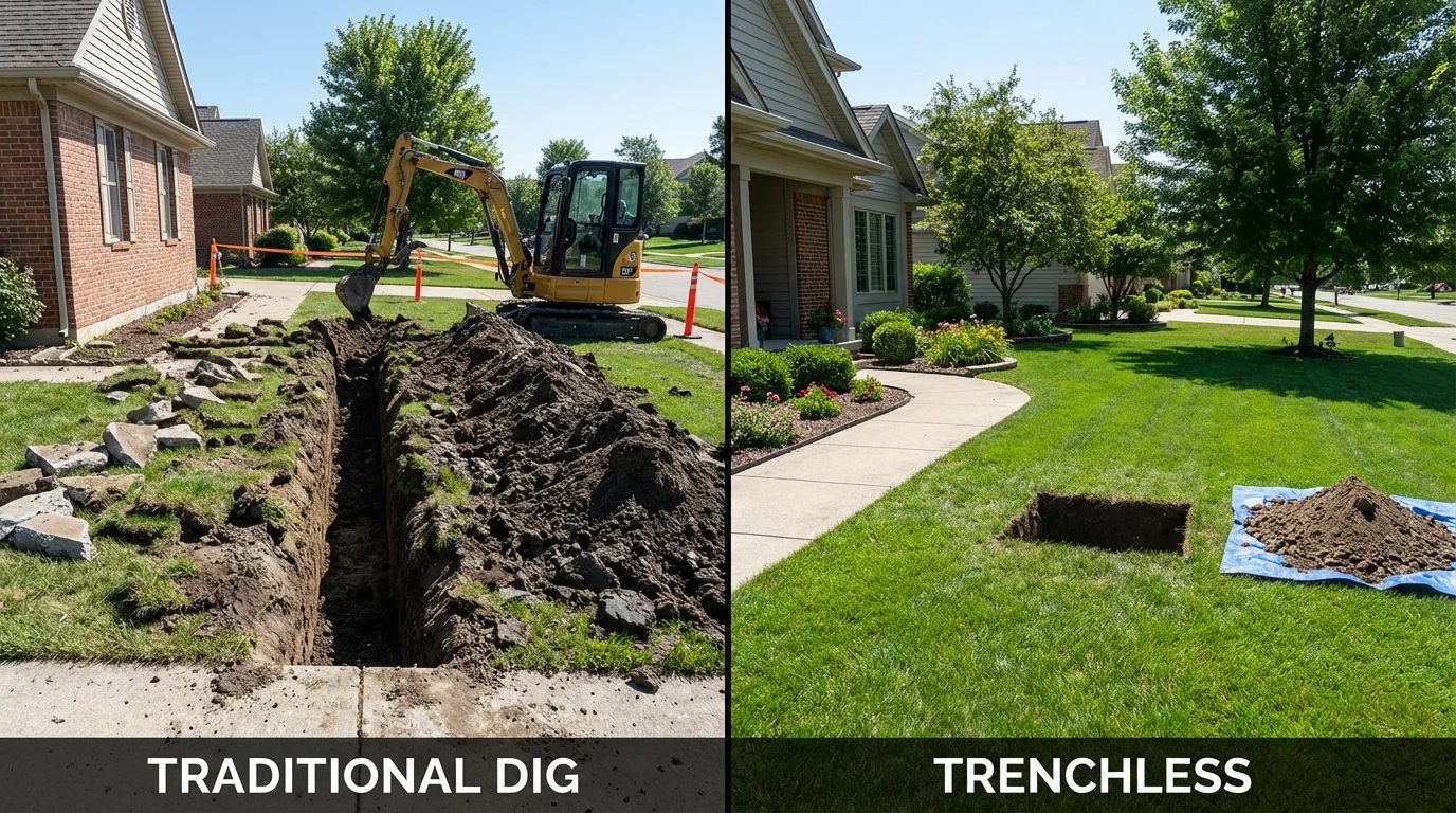 Trenchless sewer repair with minimal yard damage versus traditional excavation in Krum, TX